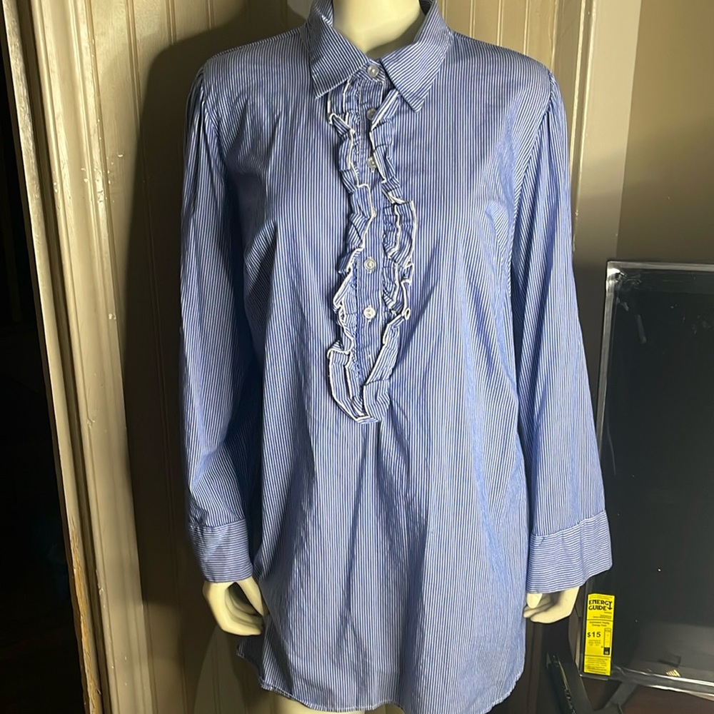 Lane Bryant Blue & White Pinstripe Ruffle Plus Size Blouse Size 14/16